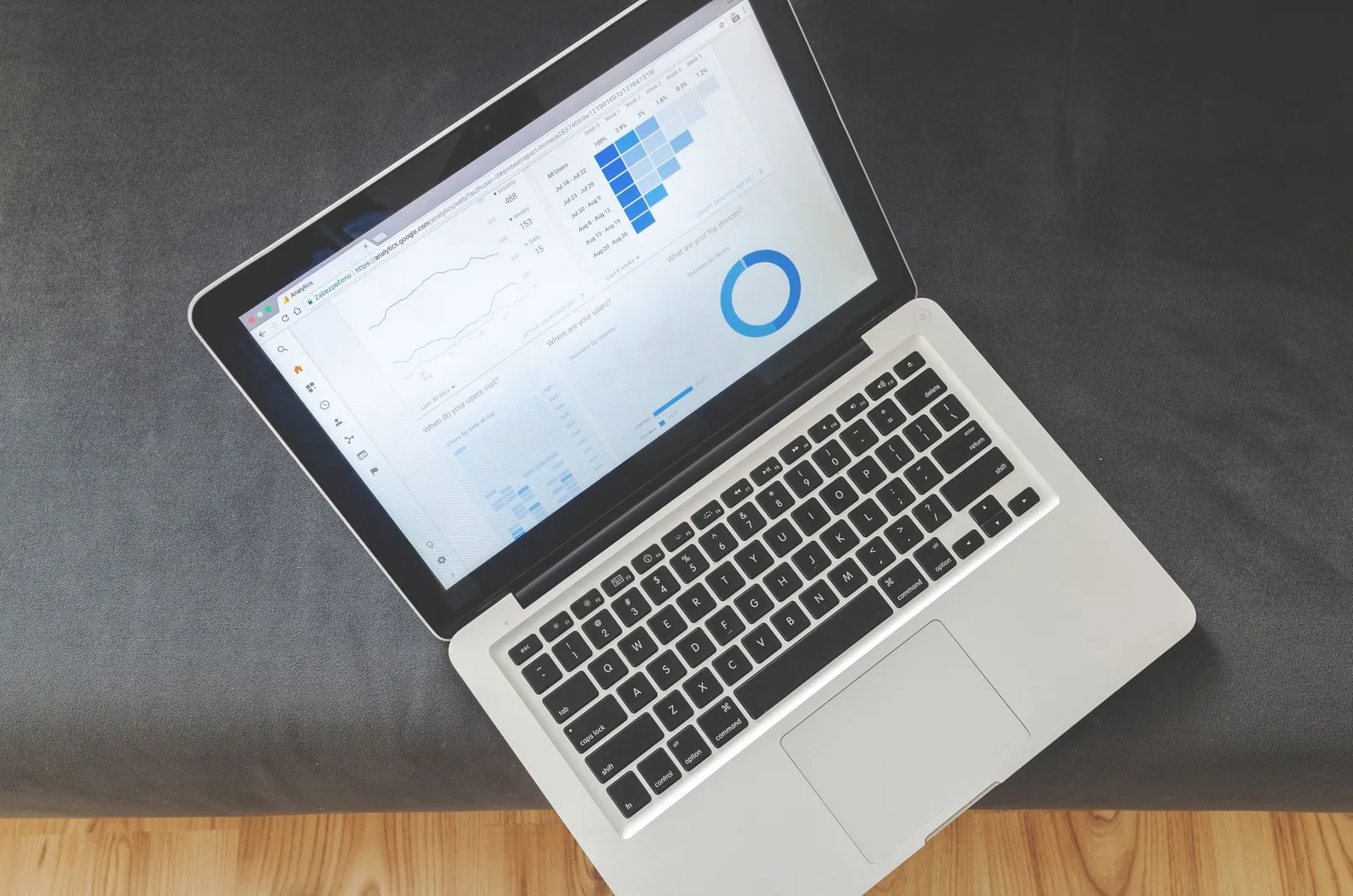 SEO analyst reviewing keyword ranking data on a laptop dashboard